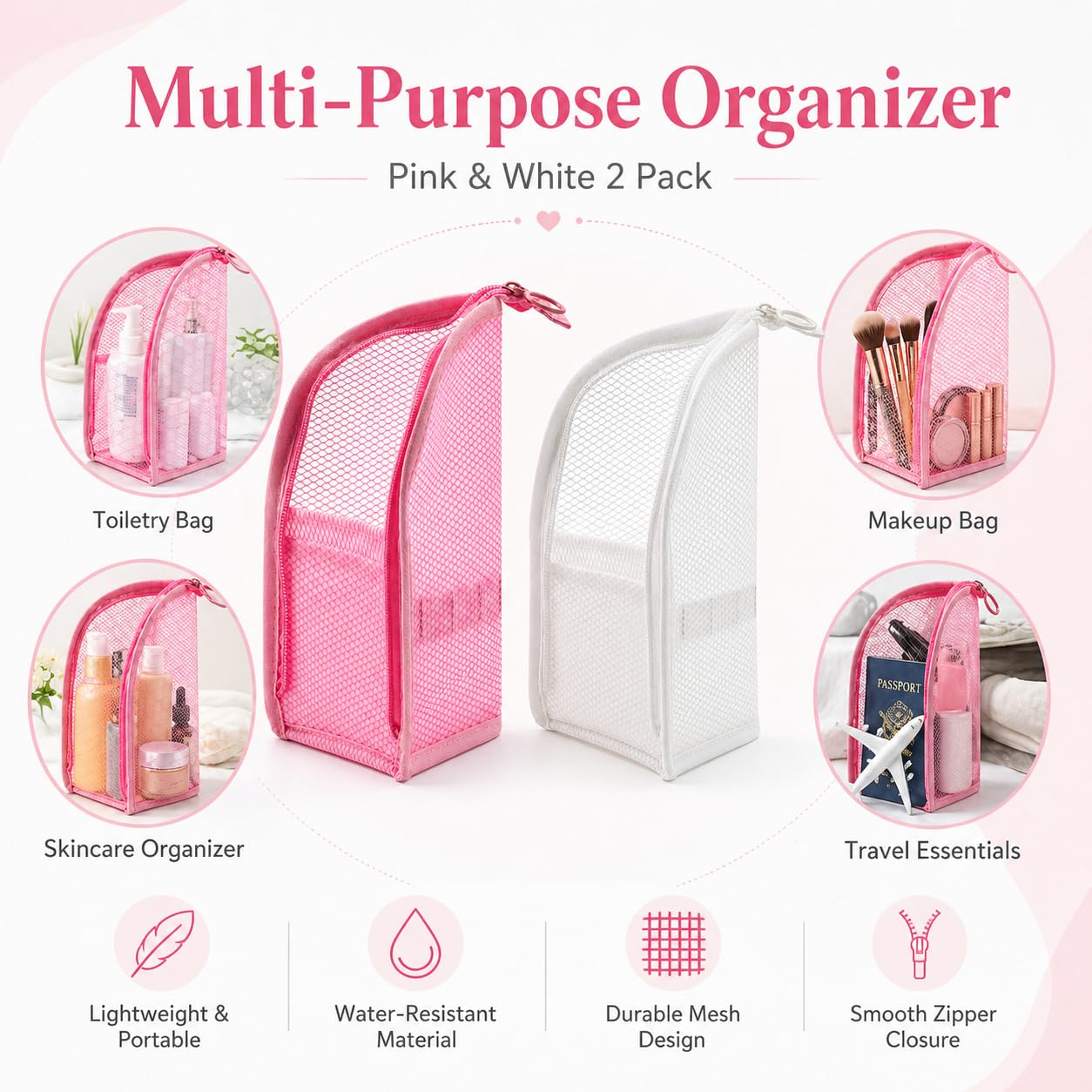 WeUNkey 2 Pcs Standing Toiletry Bag, Portable Lightweight Travel Toiletry Bag, Upright Mesh Organizer Bag Cosmetic Zipper Pouch for Travel, Waterproof Stand Up Toiletry Storage Bag