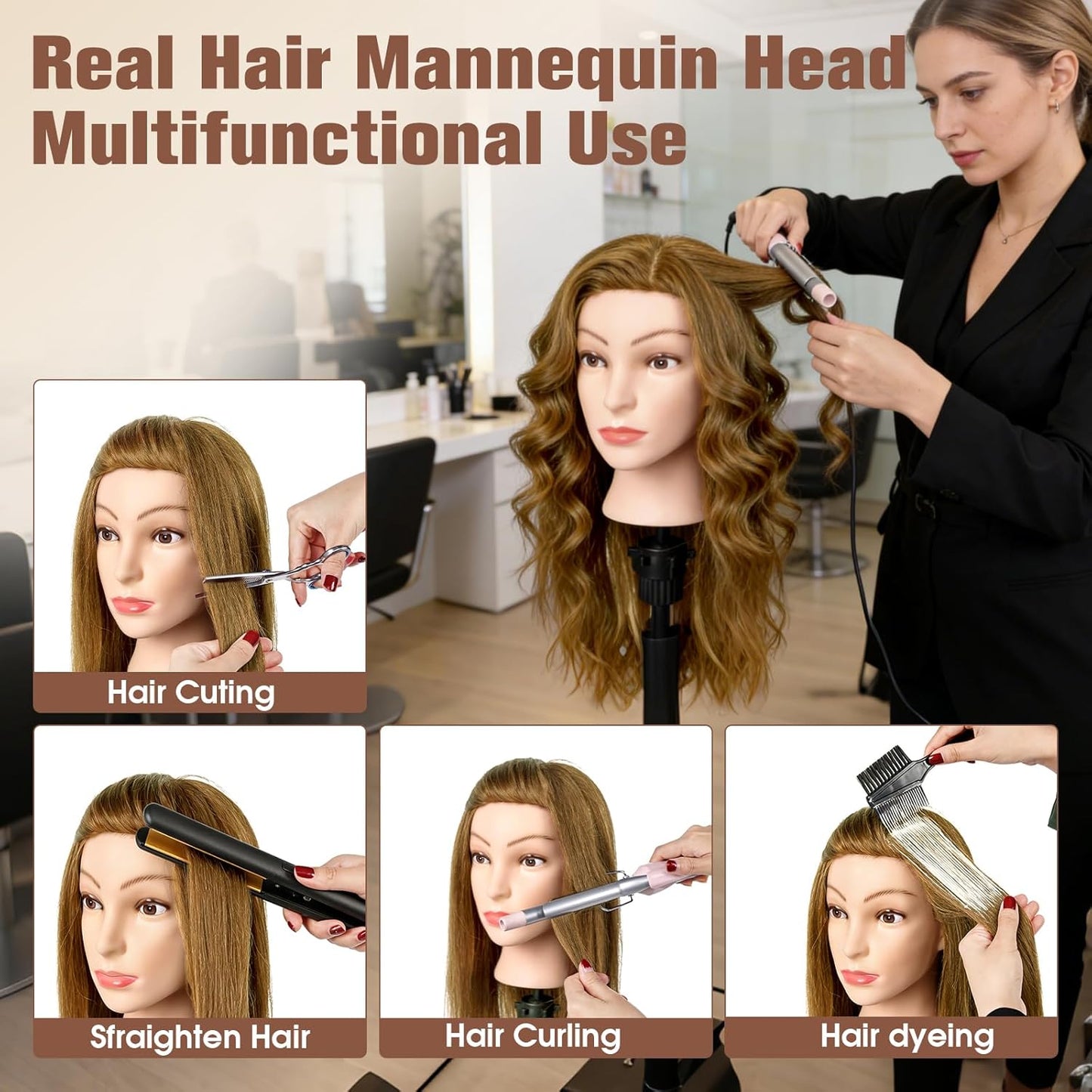 Realistic Human Hair Mannequin Head - 22" Light Brown Cosmetology Training Doll with Clamp & Styling Tools