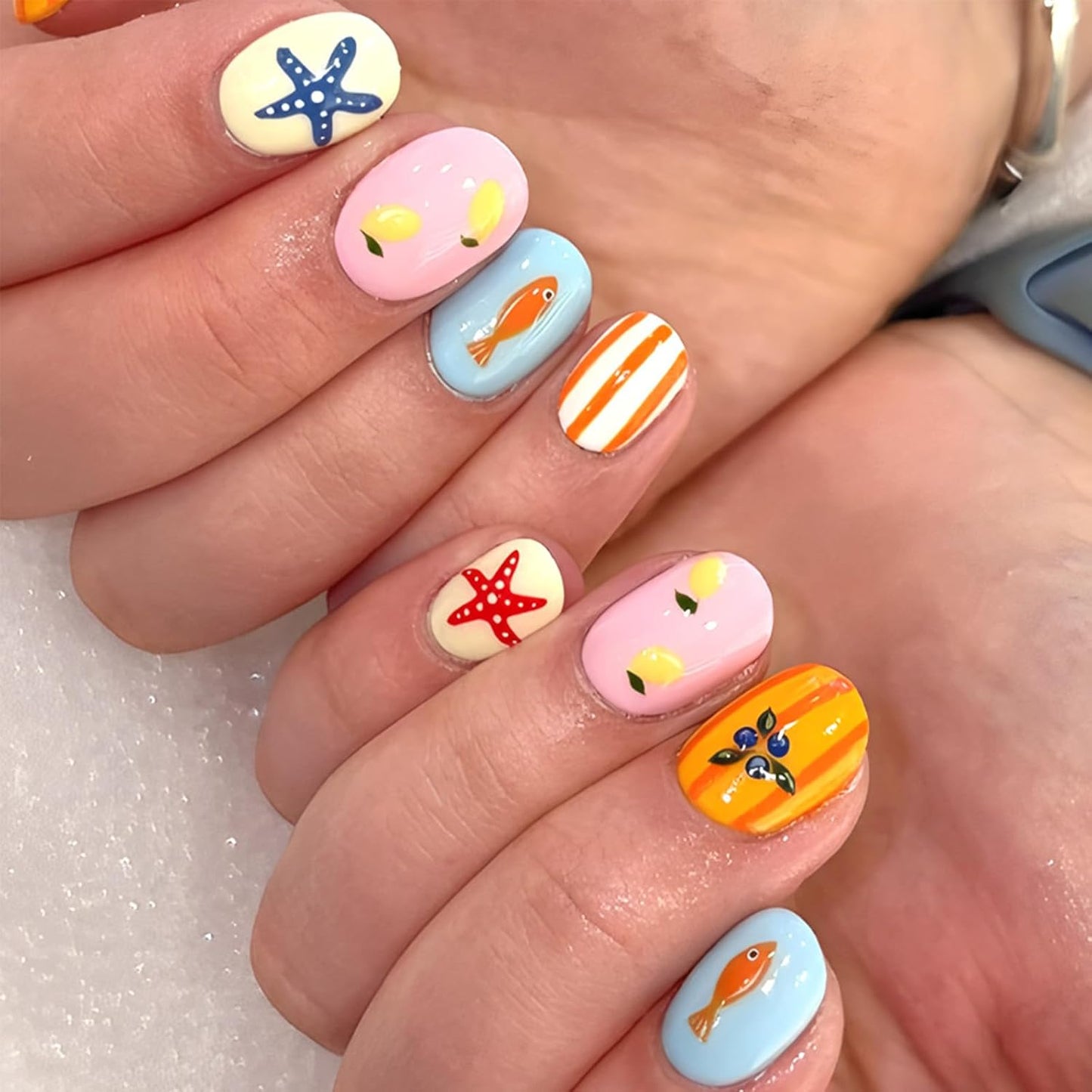 Rainbow Press On Nails - Medium Square Fake Nails with Colorful Stripes | Glossy Full Cover 24 Pcs for Summer