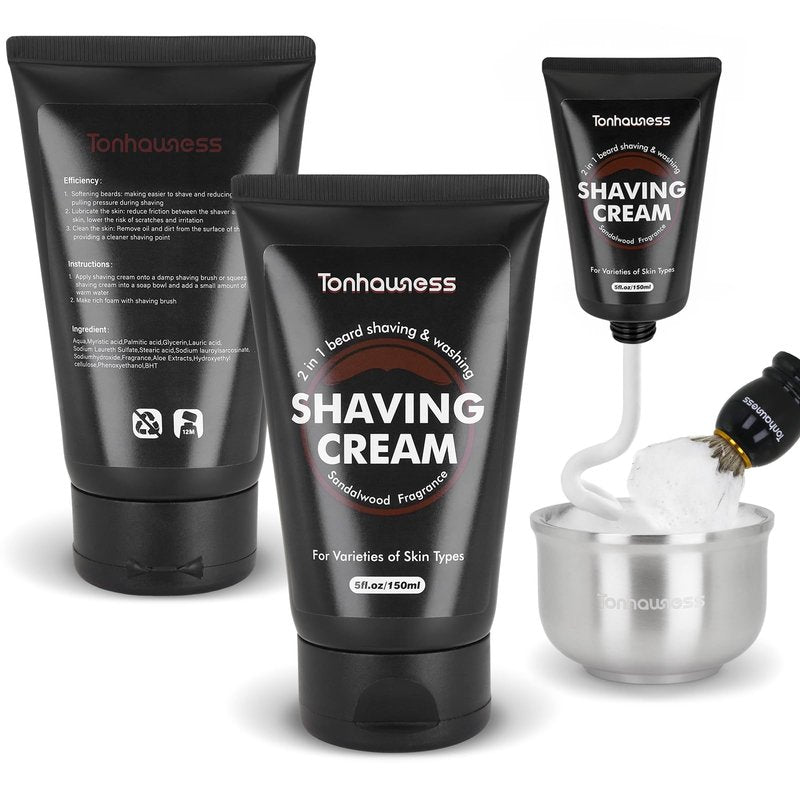 Shaving Brushes Kit For Men, 4 In 1 Shaving Brush Set Includes Nylon Bristle Shaving Brush, Sandalwood Shaving Cream, Stainless Steel Shaving Bowl and Stand (Nylon Bristle with Cream)