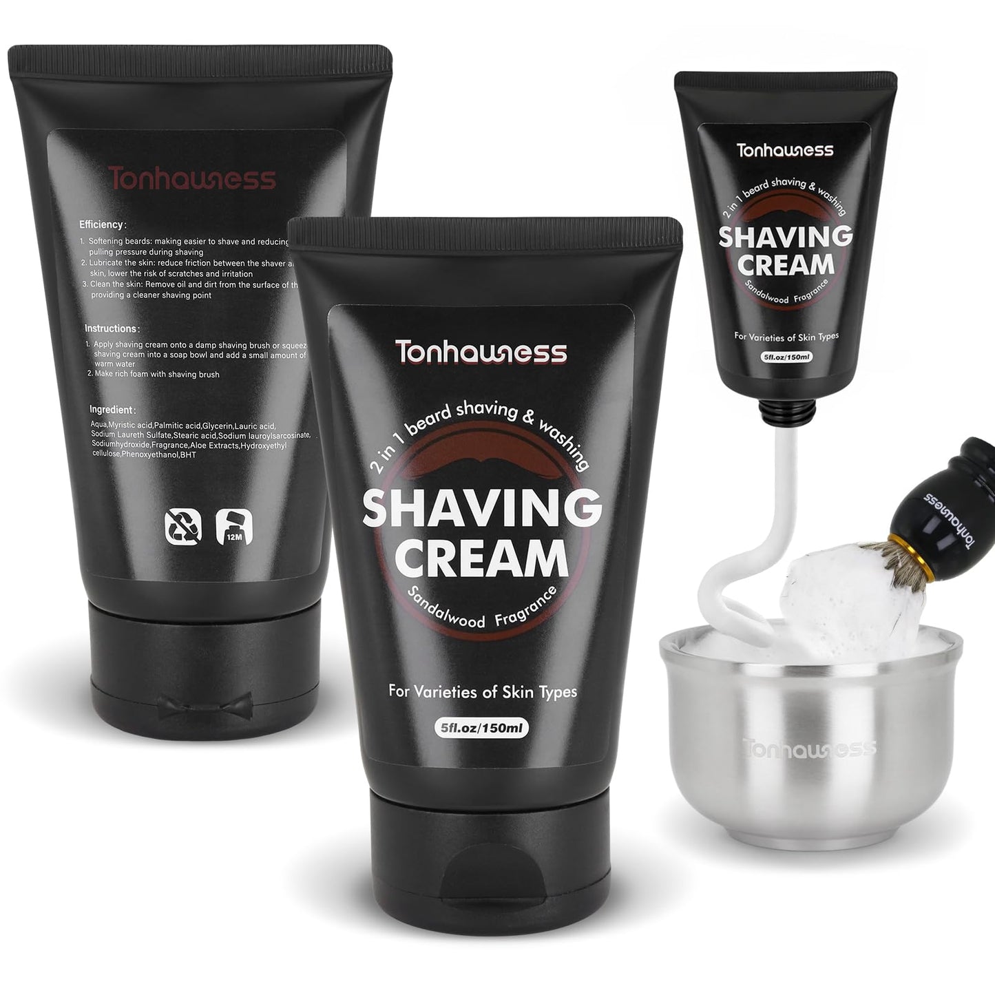 Shaving Brushes Kit For Men, 4 In 1 Shaving Brush Set Includes Badger Hair Shaving Brush, Sandalwood Shaving Cream, Stainless Steel Shaving Bowl and Stand