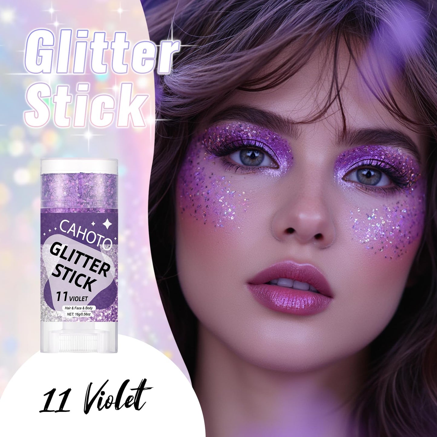 CAHOTO Violet Face Body & Hair Glitter Stick for Singer Concerts Outfit, Purple Shimmer Stick Gel for Women, Sparkling Holographic Chunky Sequins for Halloween Rave Festival Carnival Mermaid, 0.56oz