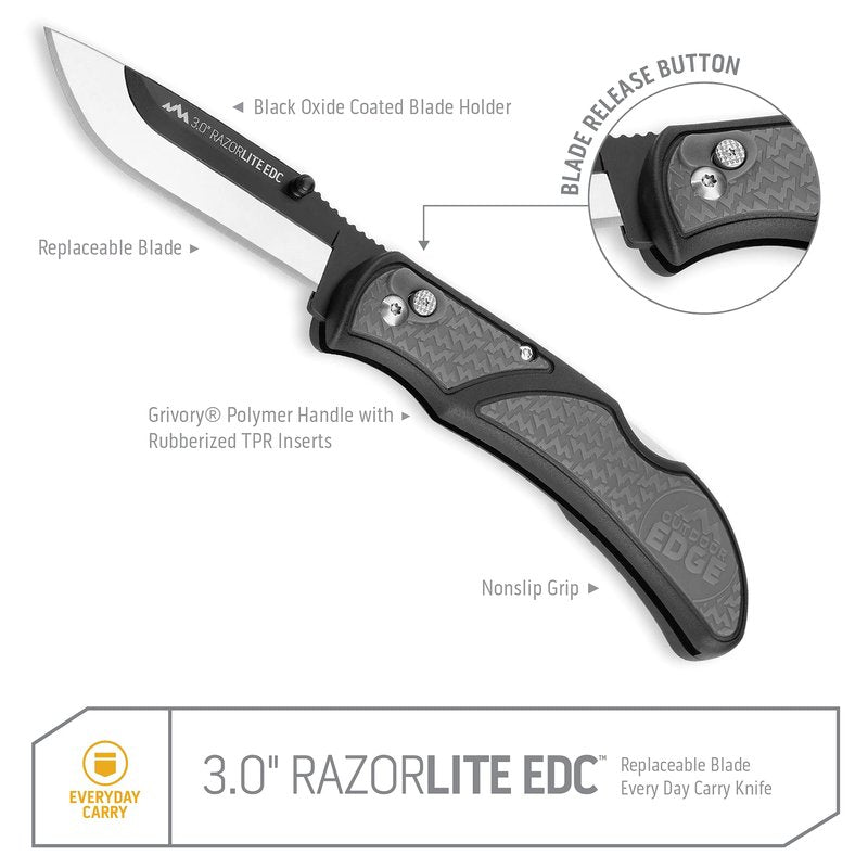 OUTDOOR EDGE 3.0" RazorLite EDC - Replaceable Blade EDC Folding Knife with Pocket Clip and One Hand Opening for Everyday Carry (Gray, 4 Blades)