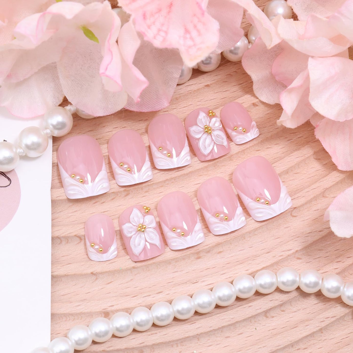 French Tip Press-On Nails - Short Square Floral Design with 3D Rhinestones | 24 Pcs Glossy Acrylic Set