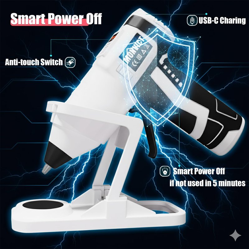 MONVICT Cordless Hot Glue Gun with Holder Base - Digital Display & Adjustable Temp, Smart Auto-Off, Stand with Silicone Pad, 7.4V 2.6A Rechargeable Battery, 10 Glue Sticks, Fast Heating for DIY Crafts
