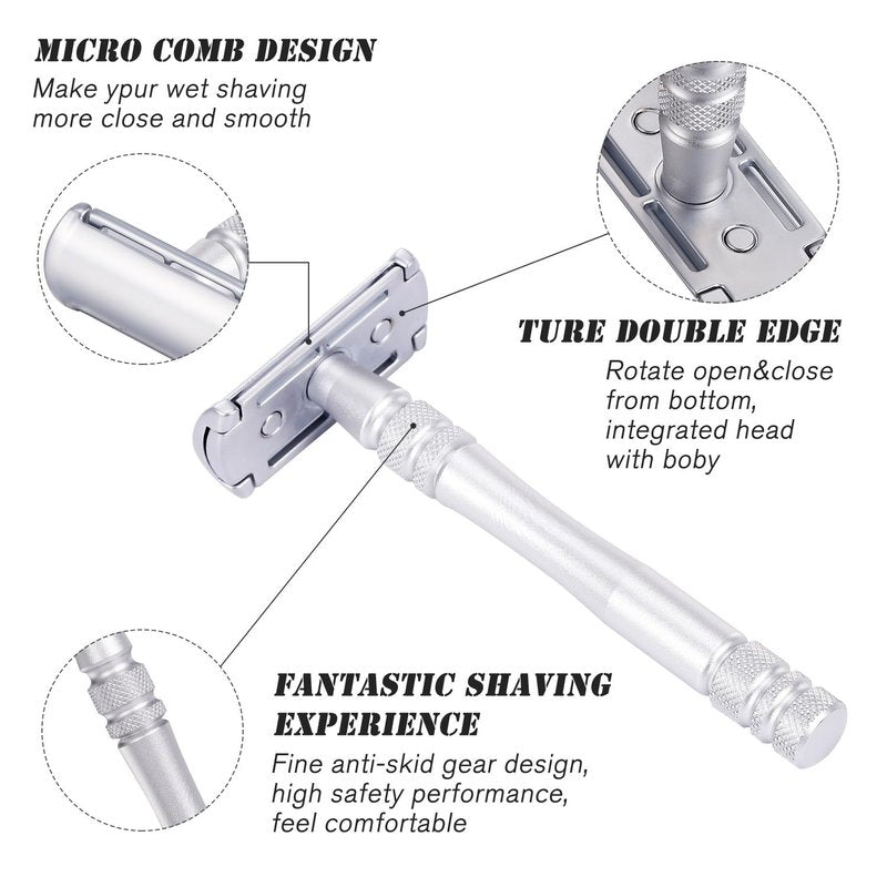 Men's and Women's Manual Razor Safety Razor with 10 Double Edge Blades, Double Edge Razor, Eco-Friendly, Smooth Close Shave, Plastic-Free, Easy to Carry for Traveling at Home (Silver)
