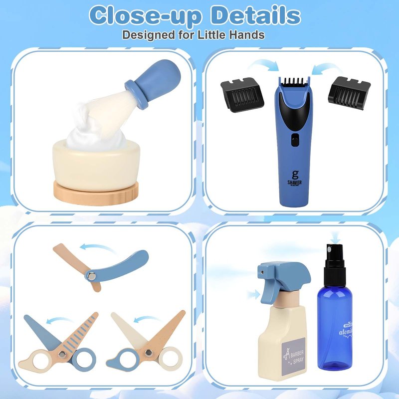Barber Shop Pretend Play Set, Kids Shaving Kit Wooden Hair Salon Toys for Boys with Wearable Beard, Electric Shaver, Blow Dryer, Tool Bag, Toddler Role Play Barber Accessories for Boys & Girls Gifts
