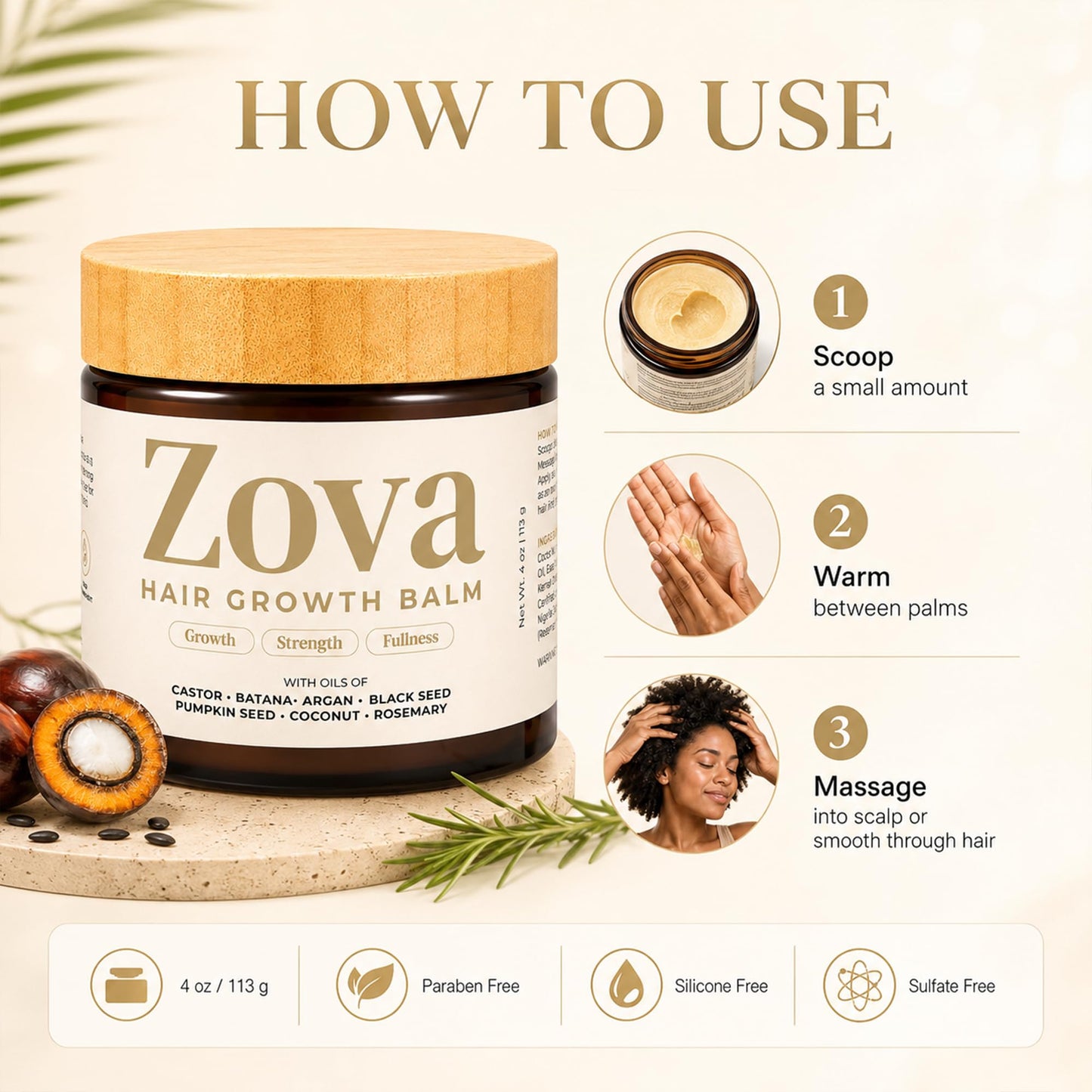 Zova Growth Hair Balm – Batana, Castor, Argan & Rosemary Oil Blend for Thicker, Stronger Hair – Deep Scalp Nourishing Hair Treatment for Men & Women – Natural Hair Repair & Moisturizing Balm 4 oz