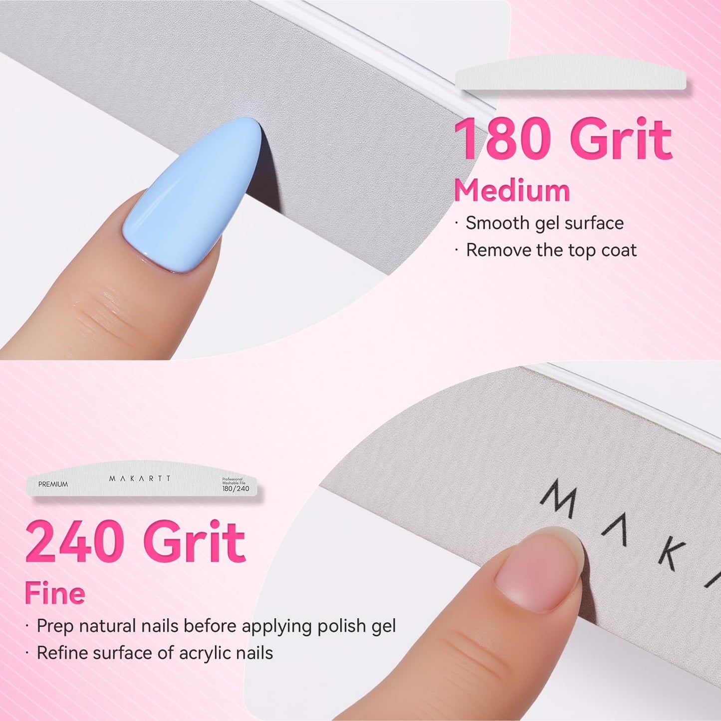Makartt Nail Files: 180/240 Grit Emery Boards for Nails, 10pcs Professional Dual-Sided Fingernail Files for Natural Nails Prep & Buffing, Reusable Nail Care Manicure Set for Salon & Home Use