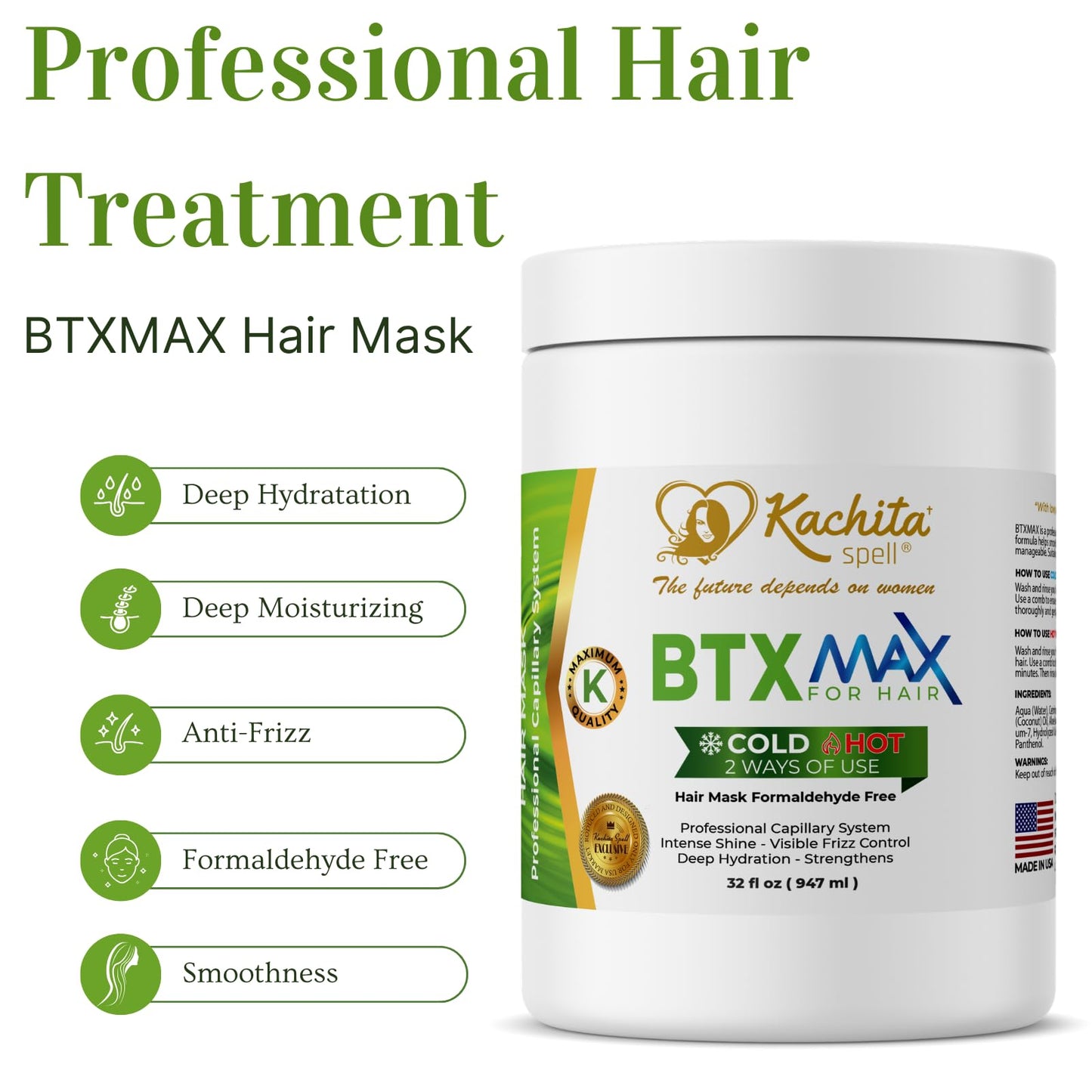Kachita Spell BTXMAX Deep Conditioning Hair Mask for Dry & Damaged Hair, Keratin & Argan Oil Treatment for Hydration, Frizz Control & Softness, Sulfate Free & Paraben Free, 32oz