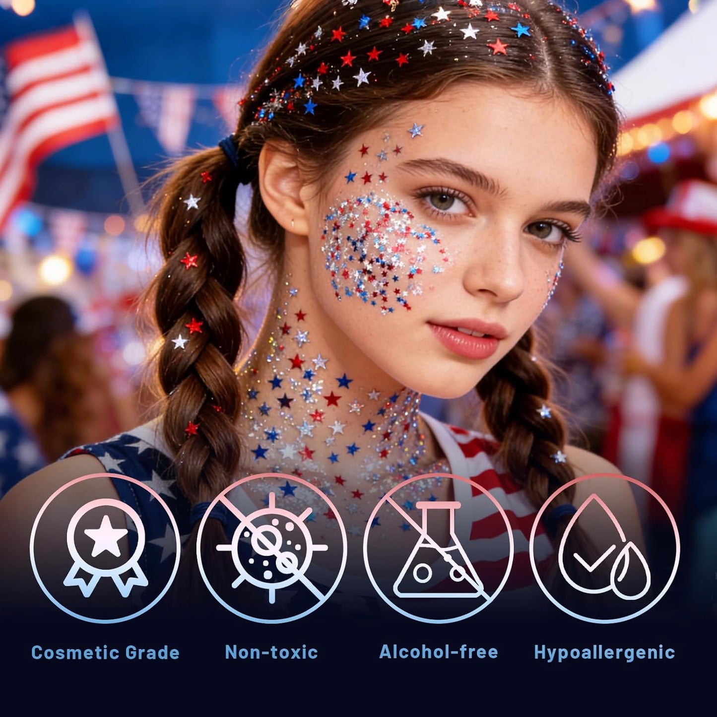 Red White Blue Body Glitter Stick - Sparkly Face Makeup for 4th of July | Shimmer Paint for Independence Day Costumes