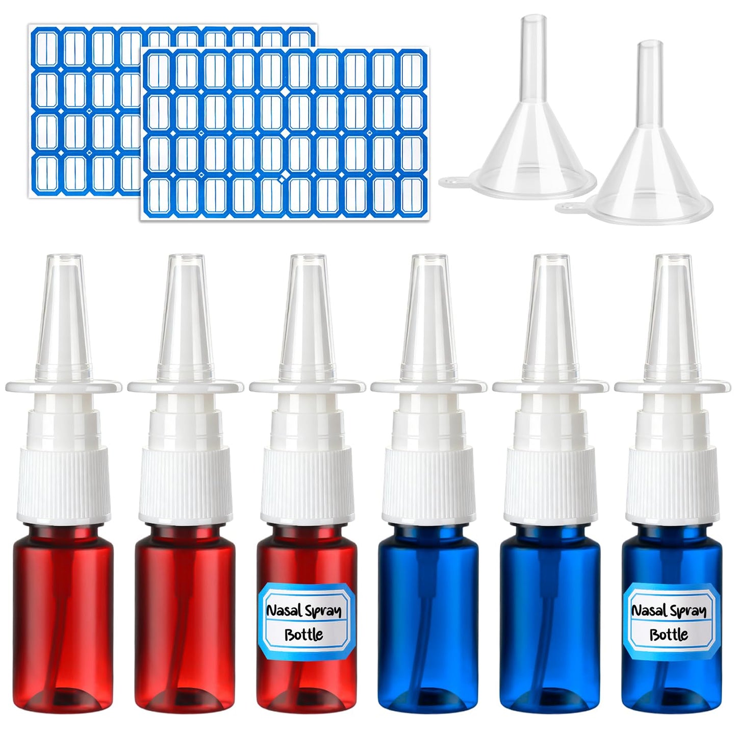 ZHWKMYP 10 Pcs Nasal Spray Bottle, 10ML/0.35OZ 6Pcs Fine Mist Empty Plastic Brown Blue Nose Spray Bottles Refillable with 2 Funnels and 2 Labels
