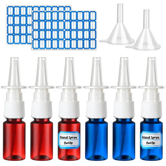 ZHWKMYP 10 Pcs Nasal Spray Bottle, 10ML/0.35OZ 6Pcs Fine Mist Empty Plastic Brown Blue Nose Spray Bottles Refillable with 2 Funnels and 2 Labels