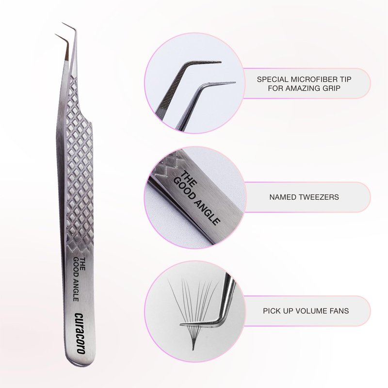 Curacoro Lash Tweezer - Professional & Precision Fiber Tip Grip Lash Tweezers for Eyelash Extensions, Multi Shapes & Purposes Tweezers for Volume, Isolation & Classic Lashes (Silver, The Good Angle)