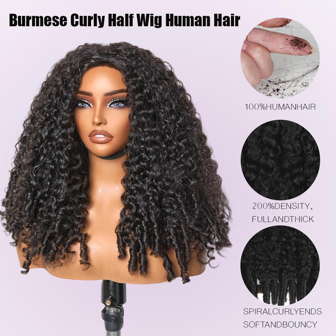 Burmese Curly Half Wig - 200% Density Human Hair | Glueless 14-Inch Flip Over & Drawstring Headband Wig for Beginners