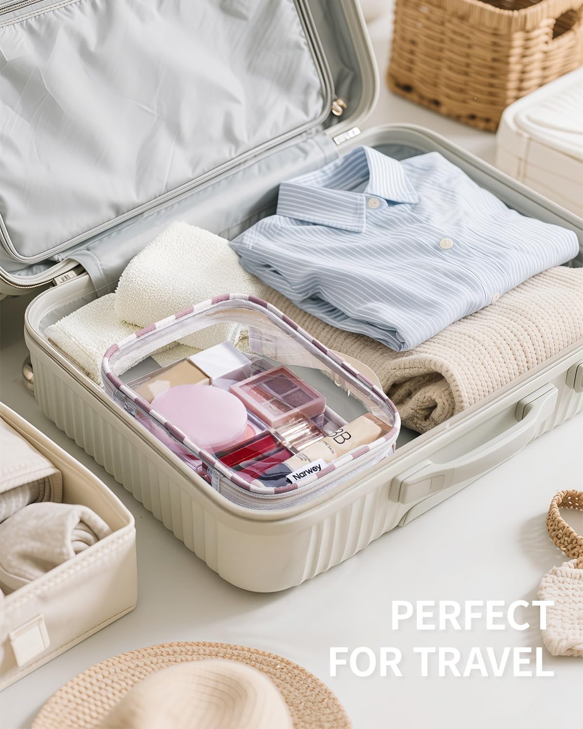 Narwey TSA Approved Clear Toiletry Bag for Travel Waterproof PVC Clear Makeup Bags, Portable Compact Cosmetic Bag Make Up Organizer, Airport Airline Quart Size Compliant Bag (Light Brown Checkerboard)
