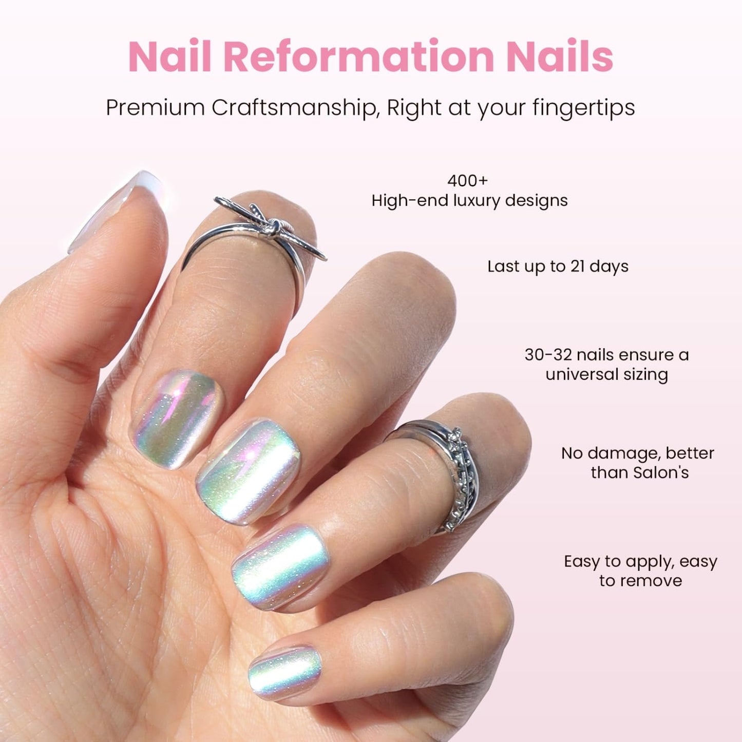 Press On Nails - Hologlam Glossy Aurora Cat Eye Velvet Short Square | Reusable Stick-On False Nails in 15 Sizes - 30 Nail Kit