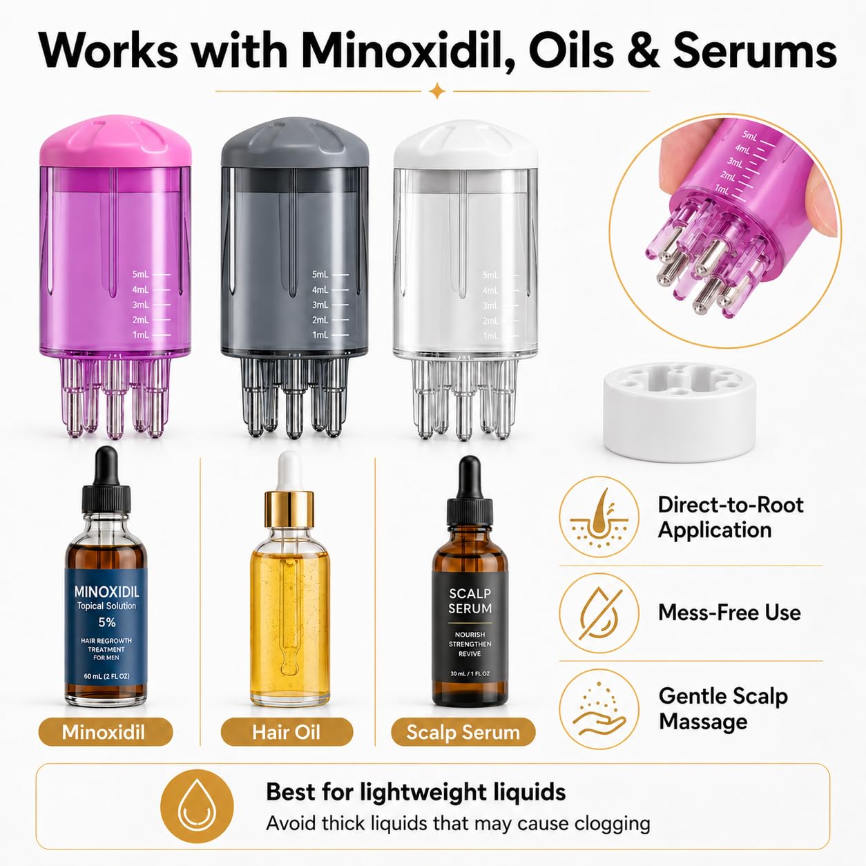 Minoxidil Applicator Set - 3 Pack Scalp Oil & Hair Oil Bottles | Mess-Free 5 Spouts for Easy Application