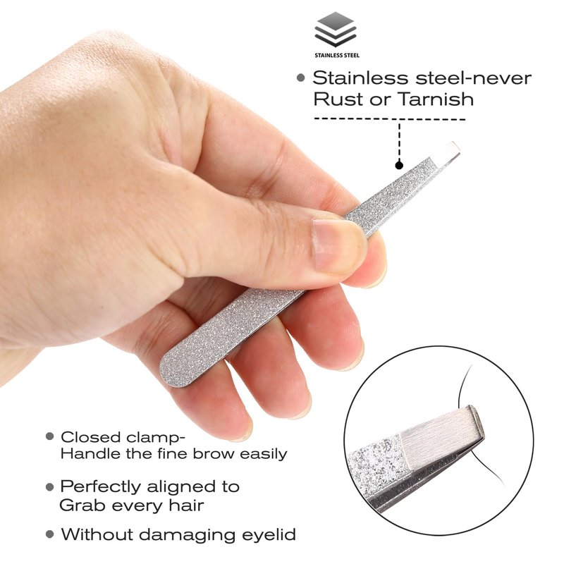 FungChoi 4-Pcs Glitter Stainless Steel Precision Tweezer Set for Eyebrows, Ingrown Hair & Lash Extensions (Bright Silver)