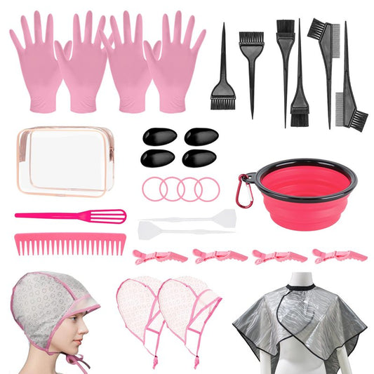 32 Pcs Hair Dye Coloring Kit,Hair Dye Tools for DIY Salon.Hair Dye Brush and Bowl Set/Highlighting Frosting Cap with Plastic Hooks/Dye Brush/Ear Cover/Gloves/Comb/Hairpin/Hair Coloring Cape(Pink)