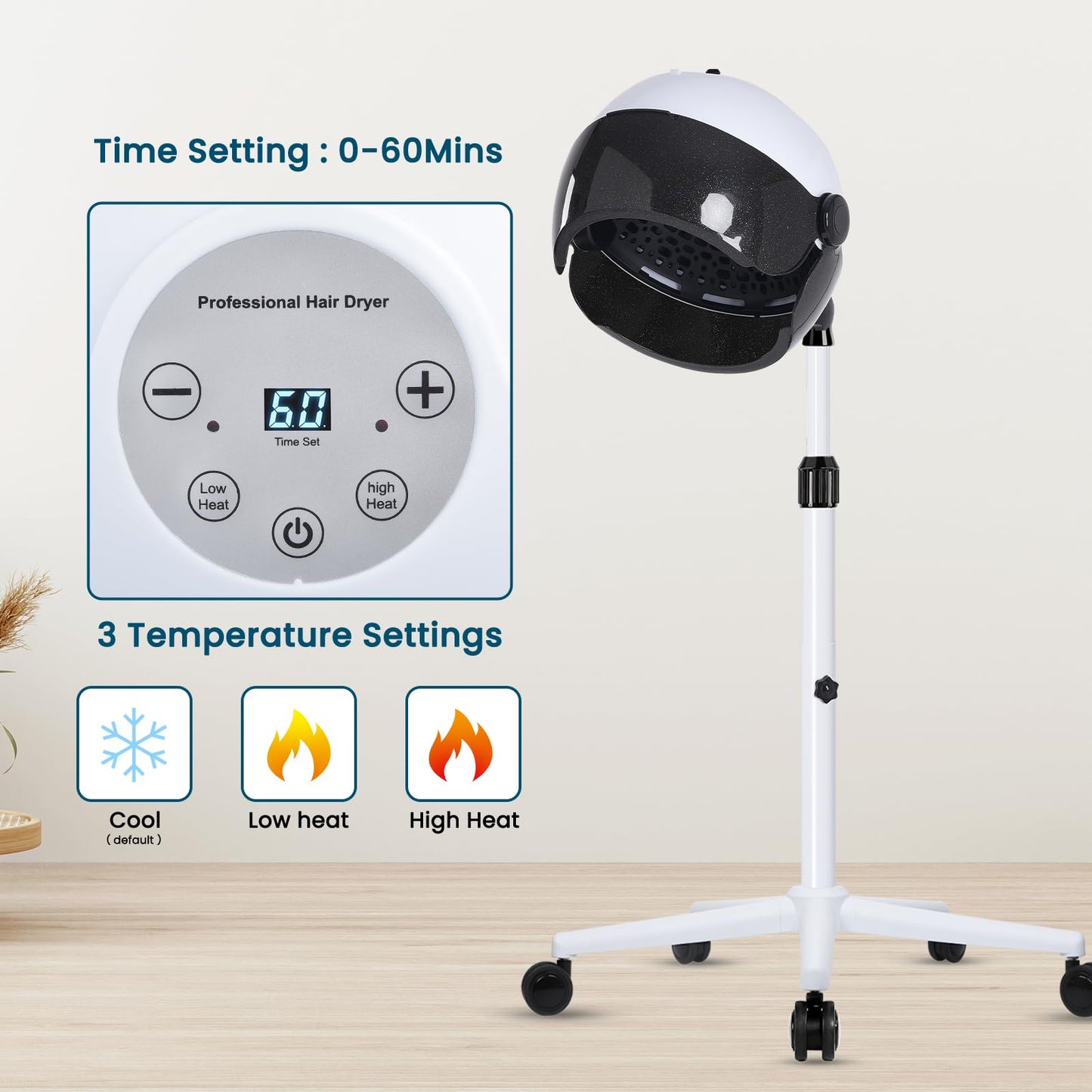 Hooded Hair Dryer, Professional Hood Dryer on Wheels, Sit Under Dryer, Standing Hair Dryer, White