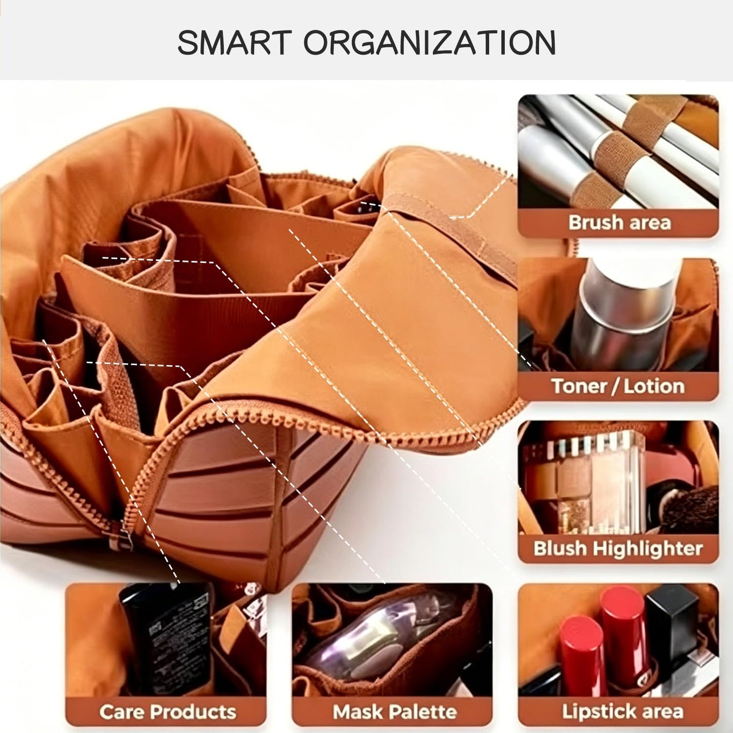 Slxypater Parallel Travel Makeup Bag,Foldable Makeup Bag,Waterproof Organizer Bags Large Capacity Flat Cosmetic Case with Compartments for Skincare, Toiletries (Nude, 7.87"×4.33"×7.09")