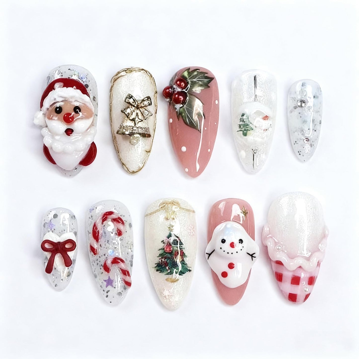3D Christmas Press-On Nails - Medium Almond Acrylic with Rhinestones | 24 Pcs Winter Snowflake Designs