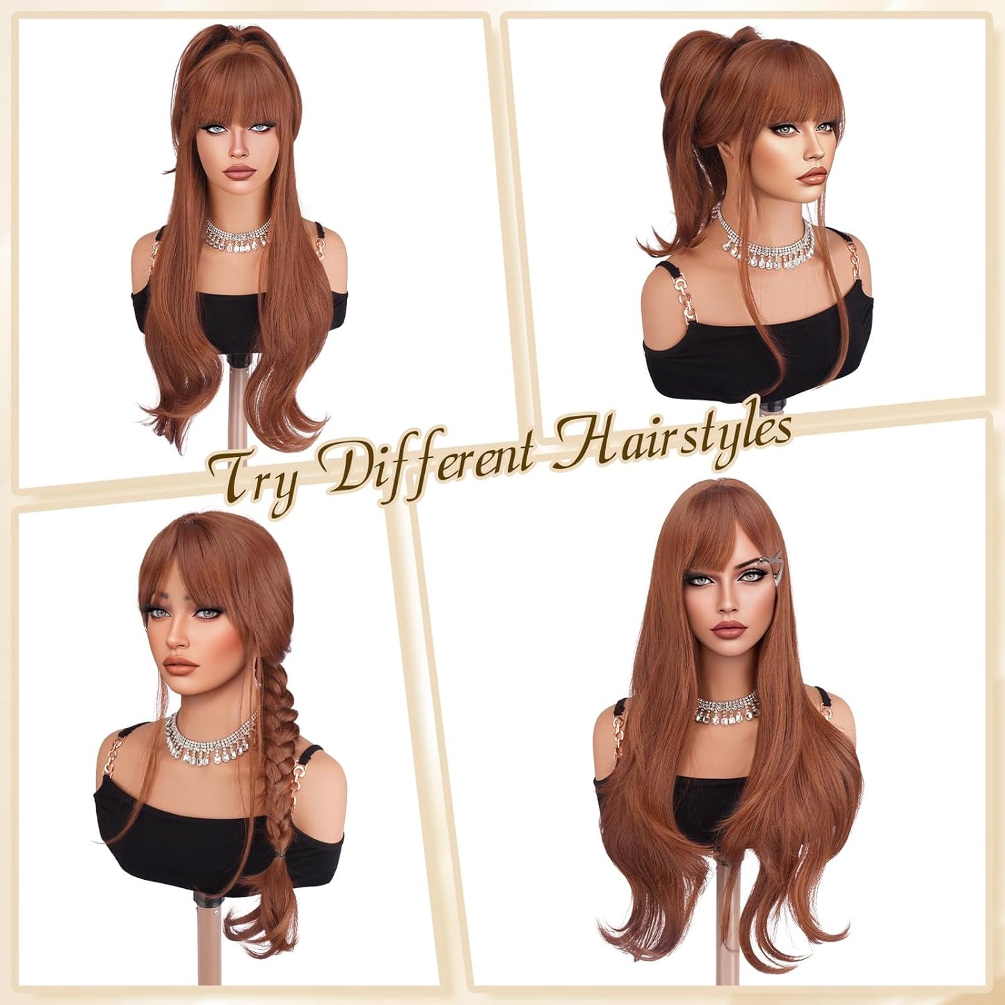 Auburn Wigs with Bangs - Long Layered Synthetic Heat-Resistant Wavy Hair | 26 Inch for Daily Wear & Parties