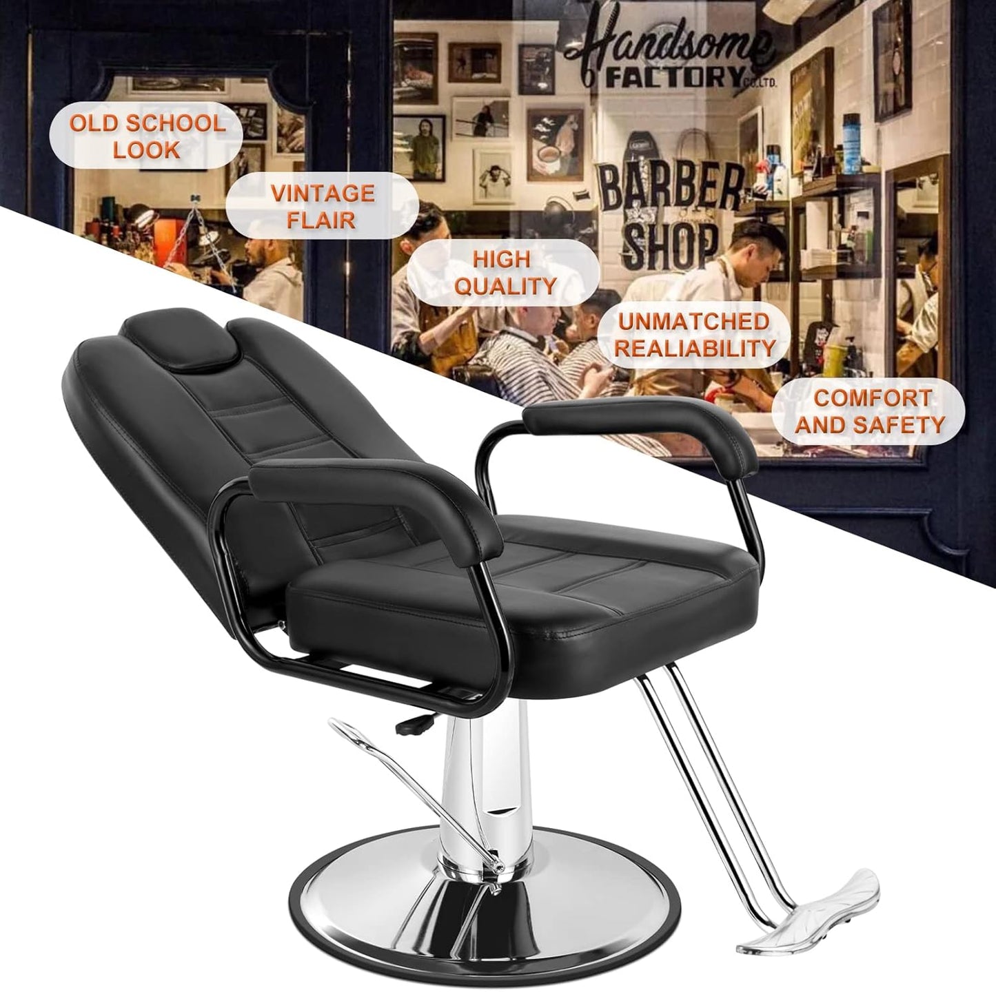 Heavy Duty Hydraulic Barber Chair - Extra Wide Reclining Salon Furniture | Black