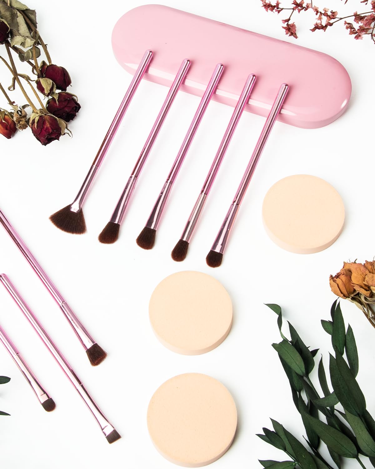 Makeup Brushes Set - 8Pcs Professional Eyeshadow & Eyebrow Brushes with 3 Powder Puffs | Pink Case