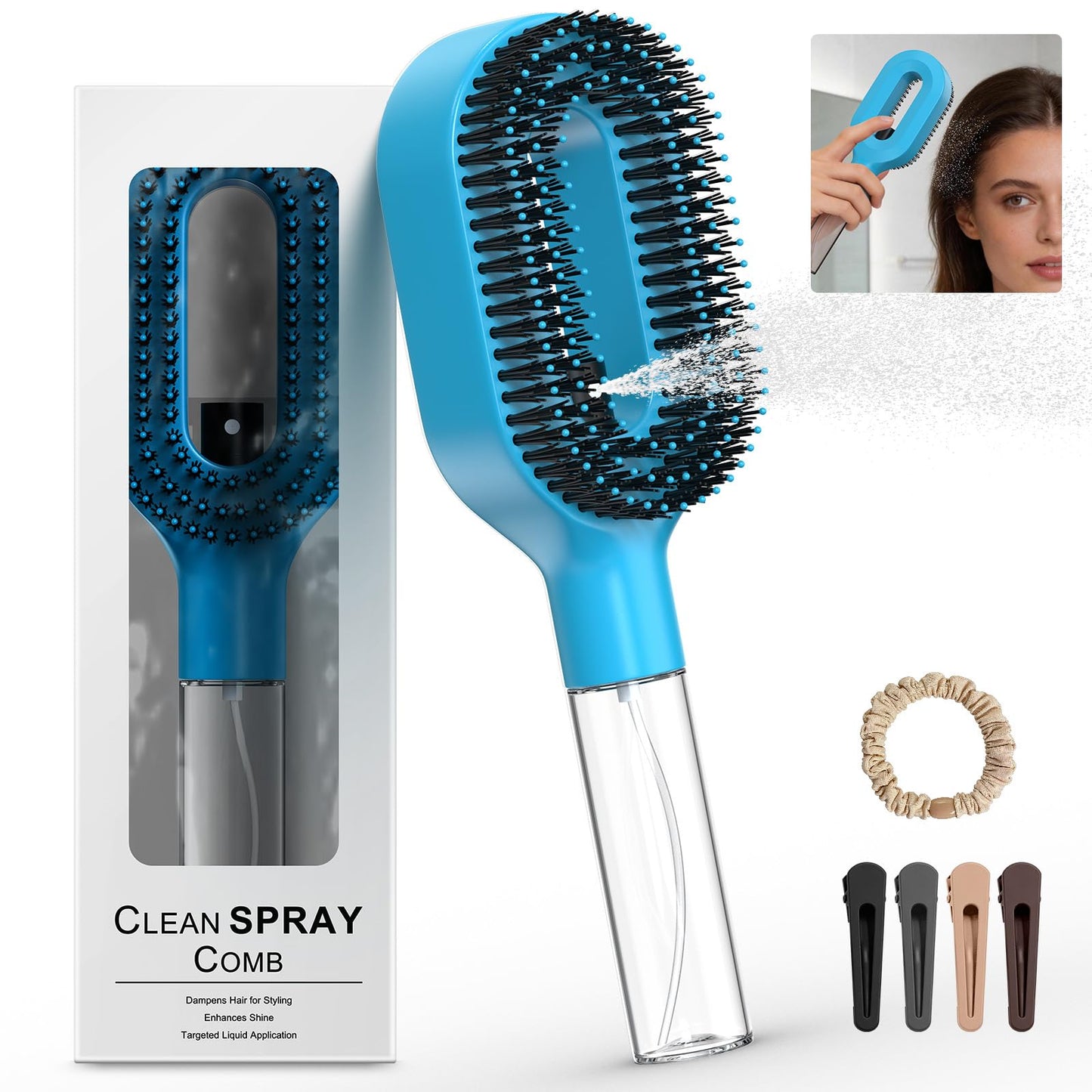 2-in-1 Portable Misting Hair Brush – Manual Press Water Spray, Hair Brush With Water Spray, Wet & Dry Detangling Spray Brush, Anti-Frizz, Suitable for All Hair Types and Textures(Blue)