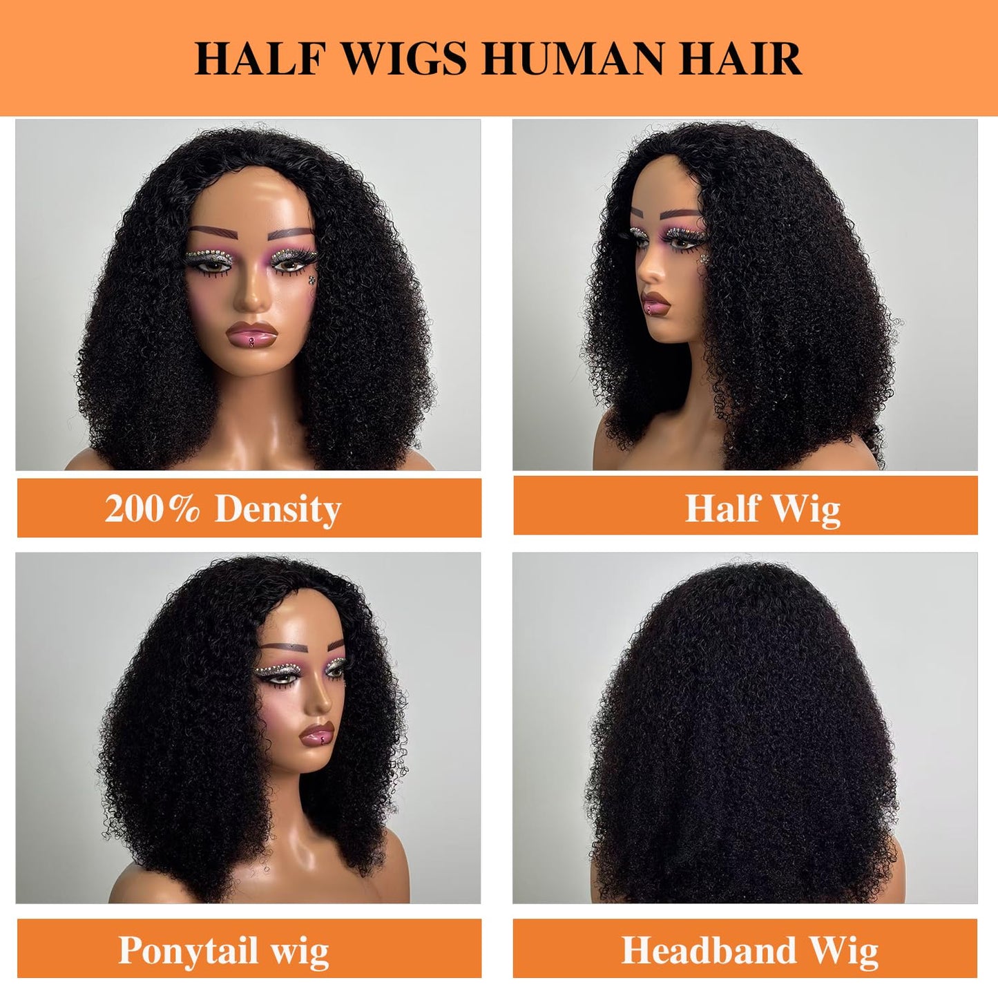 Kinky Curly Half Wig - 200 Density Human Hair | Seamless Glueless Design, 18-Inch Length, Beginner Friendly