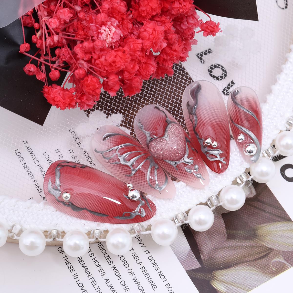 24Pcs Red Press on Nails Medium Almond Y2k Fake Nails with Silver Beads Irregular Chrome Lines Designs Red Artificial Nails Gothic Metallic Acrylic False Nails Full Cover Stick on Nails for Women