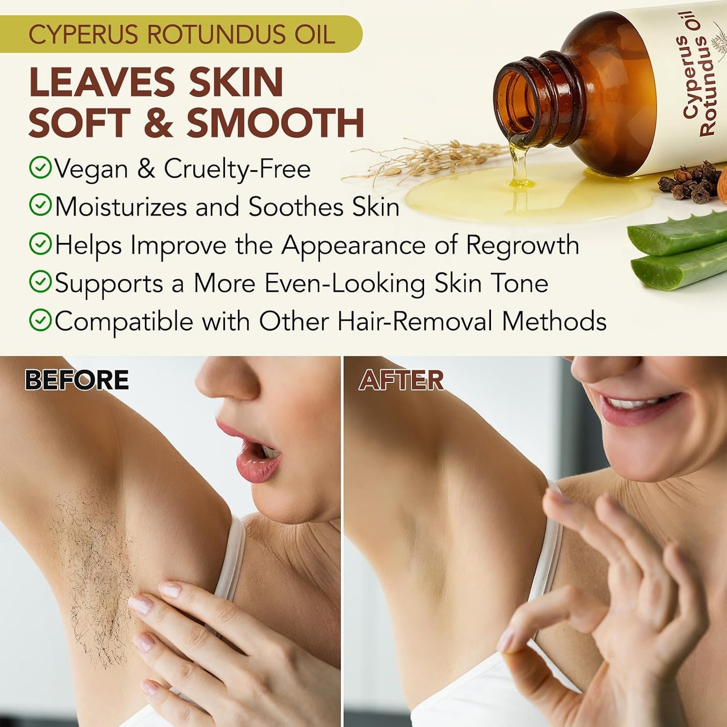 Cyperus Rotundus Oil - Natural Hair Growth Reducer for Face & Body | Hydrating & Pore-Minimizing, 60ML