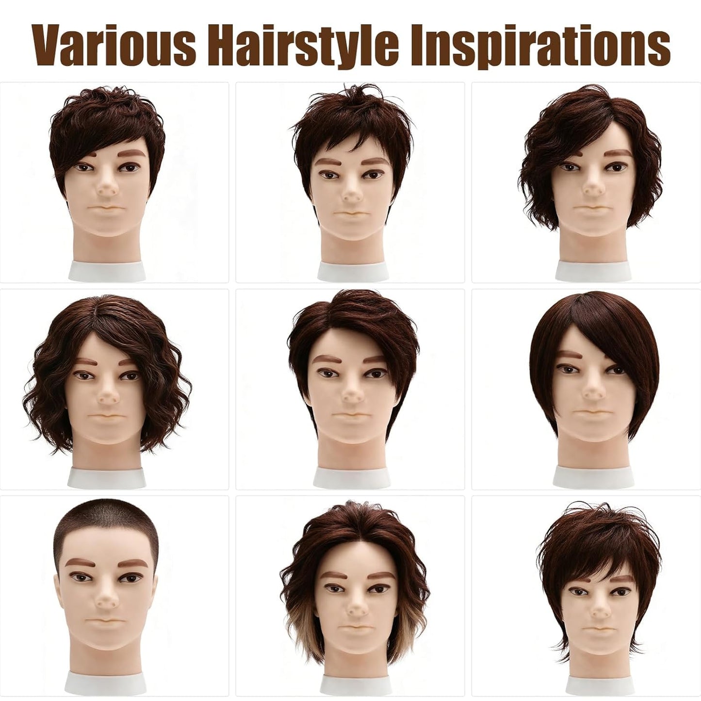 Barber Mannequin Head, 100% Real Brown Human Hair Male Head with Table Clamp, 8" Professional Hairdresser Training Doll Manikin Head for Practicing Hair Cutting and Styling