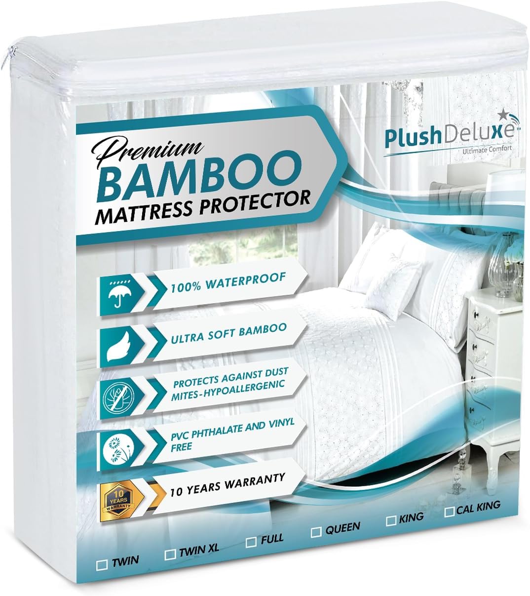 Bamboo Mattress Protector - King Size, Waterproof & Ultra Soft Breathable Cover for Comfort - White