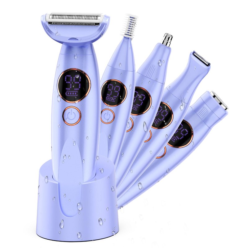Karrte 5-in-1 Electric Razor for Women's Pubic Hair, Painless Body Shaver and Facial Epilator, Hair Removal for Face, Bikini Trimmer for Women's Private Area Purple
