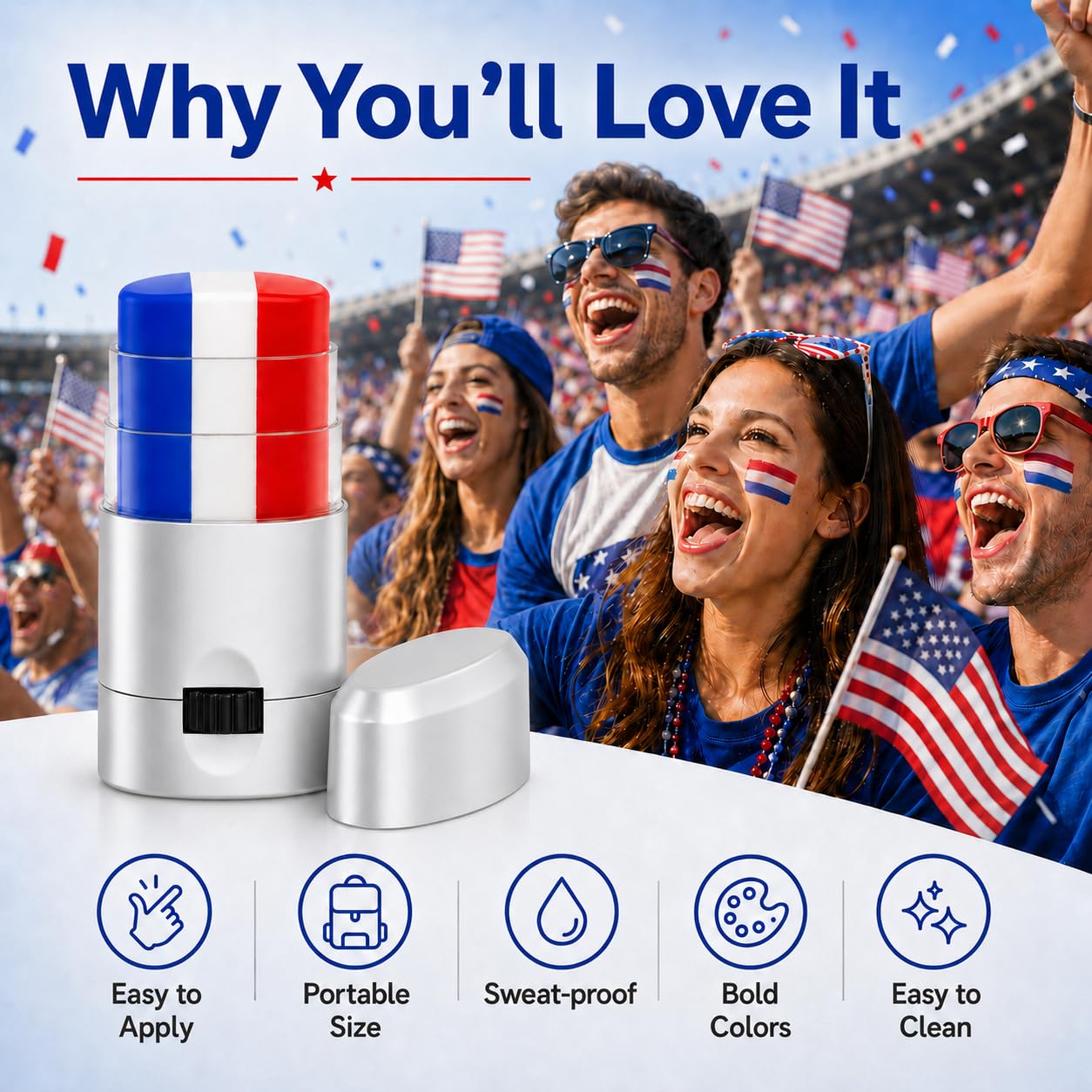 Patriotic USA Flag Face Paint Stick - Red, White & Blue Makeup for 4th of July | Game Day Sports Body Paint for Kids & Adults