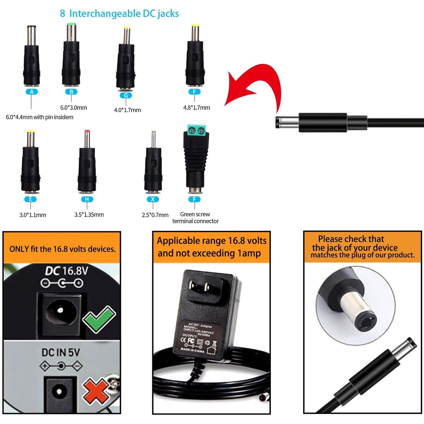 16.8V 1A Charger for Massage Guns AC DC Adapter Power Supply 16.8Volts 0.8A 0.5A 0.1A, with 8 Tips DC Plug Power Cord for 16.8Volt 1000mA 900mA 800mA 300mA 100mA Equipment Replacement