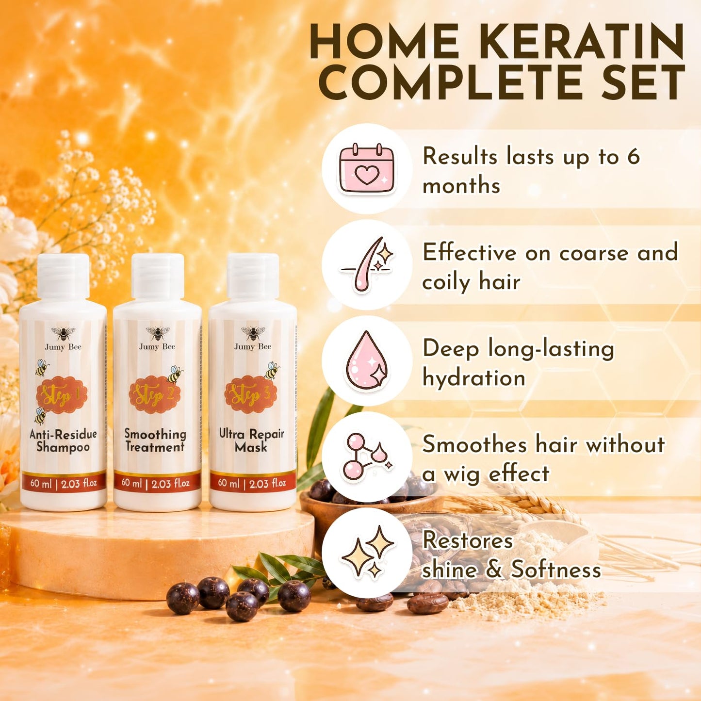 Keratin Hair Treatment Set 2.03 Fl Oz JUMY BEE – At-Home Keratin Hair Mask Treatment with Shampoo, Conditioner – Shea, Acai – Formaldehyde-Free, Frizz Control, All Hair Types