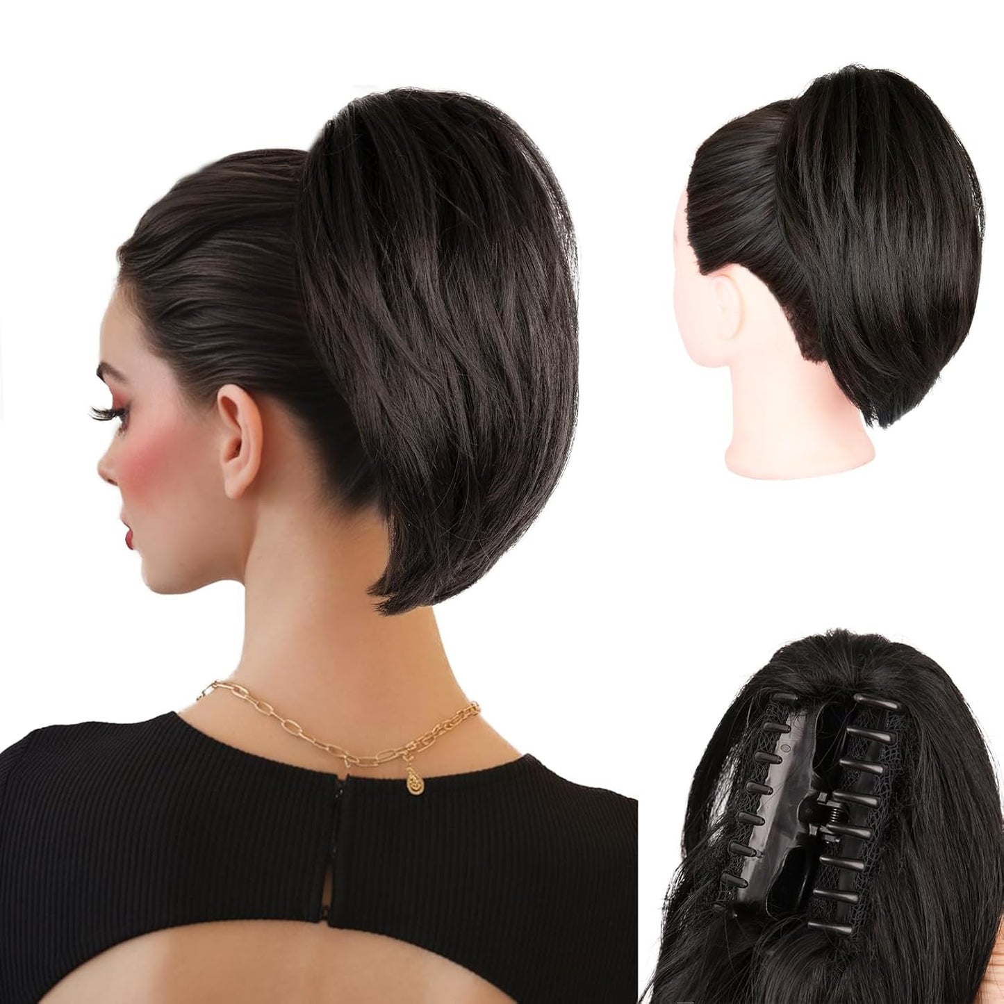10 Inch Ponytail Extension - Straight Claw Clip Synthetic Hair | Brown with Blonde Highlights