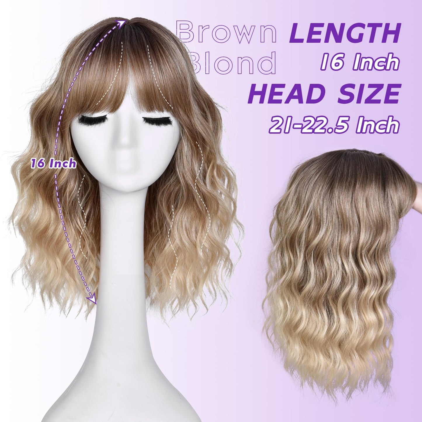 Short Wavy Wig with Bangs - Natural Curly Synthetic Hair for Women | 14-Inch Brown with Blonde Highlights