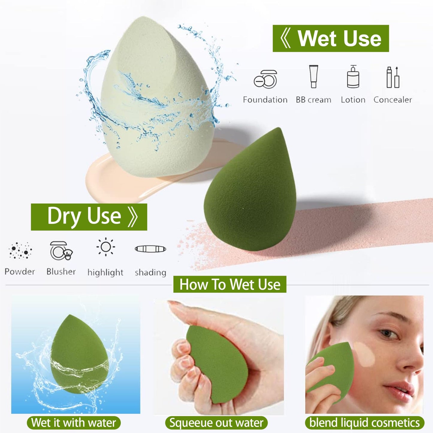 4PCS Makeup Sponge Set with Storage Box, Beauty Blender Sponges for Liquid Cream and Powder, Dry and Wet Use Foundation Blending Applicators for Flawless Makeup Application Green