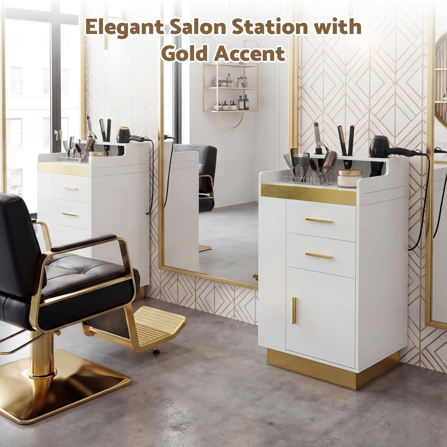 Salon Station for Hair Stylists | Barber Storage System with 3 Hot Tool Holders & Large Cabinet - White