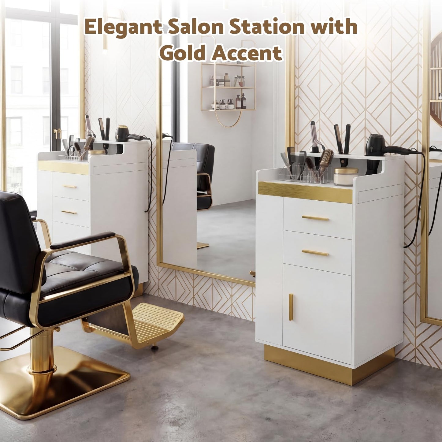 Oakvera Salon Station for Hair Stylist, Barber Station Salon Storage Systems with 3 Hot Tools Holders, a Tray, a Large Storage Cabinet & 2 Drawers for Barbershop, Beauty & Nail Salon, White