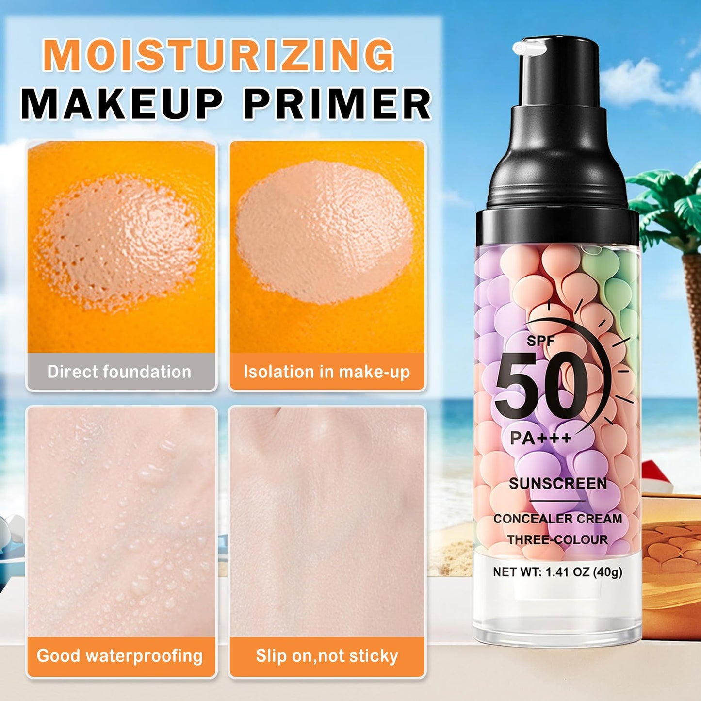 2PCS 3 In 1 Primer for Face Before Makeup SPF 50 Sunscreen with Sponge