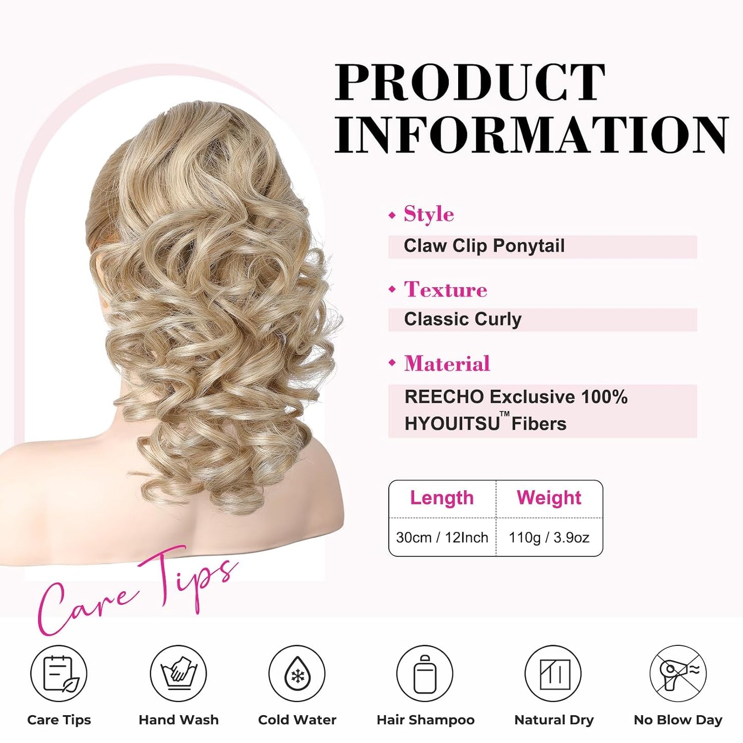 12-Inch Ponytail Extension - Classic Loose Curly Wavy Claw Clip Hairpiece for Women | Medium Blonde