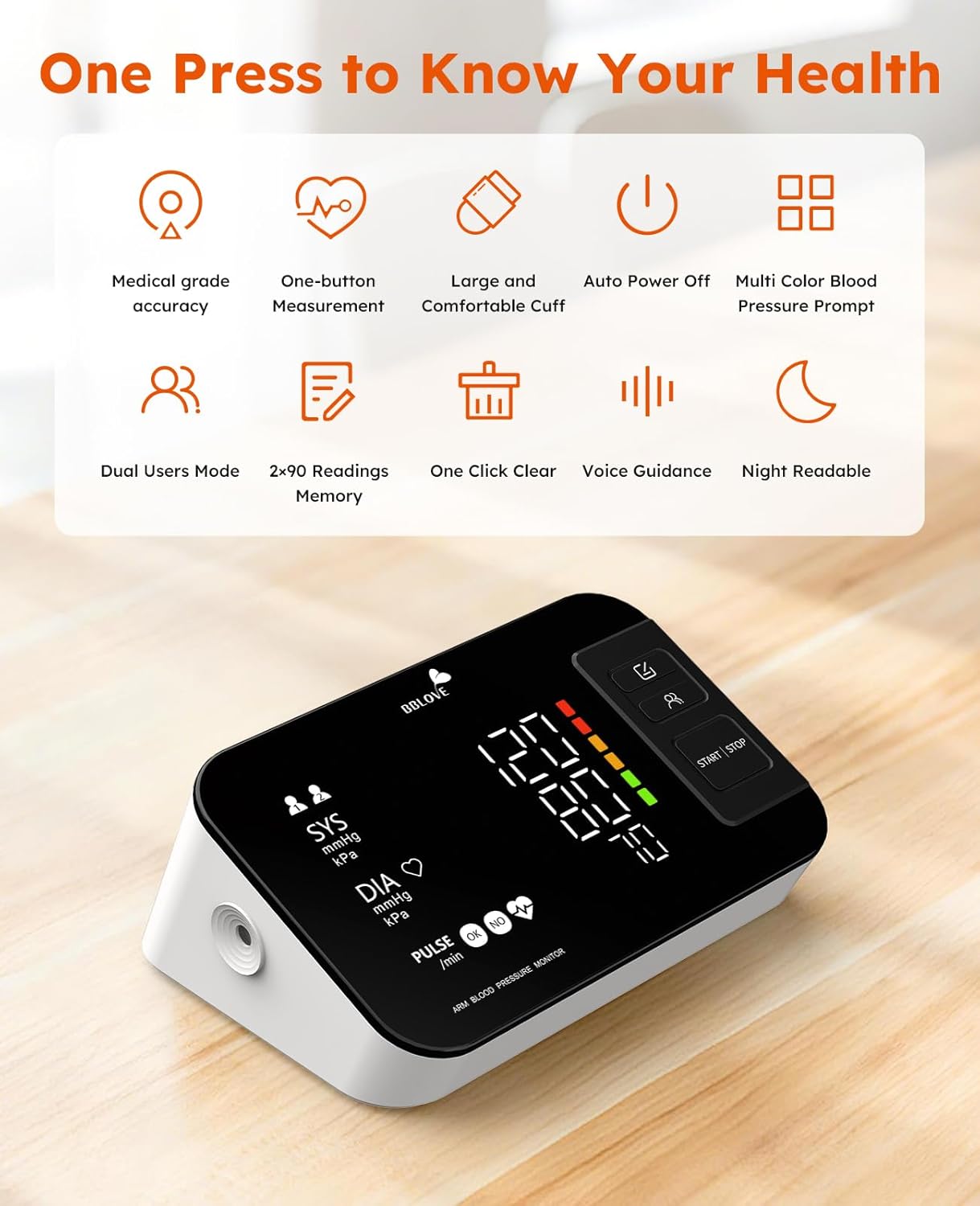 Blood Pressure Monitor - Medical-Grade Accuracy | One-Touch Automatic Measurement, Large LED Display for 2 Users