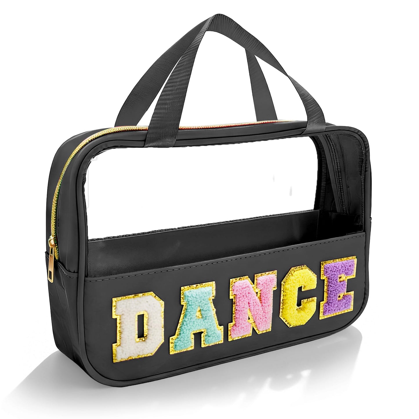 Dance Makeup Bag, Dance Recital Gifts for Girl Women, Chenille Letter Patch Clear Ballet Cosmetic Bag with Handle and Zipper, Waterproof Nylon Travel Toiletry Make Up Bag, Dance Competition Must Haves