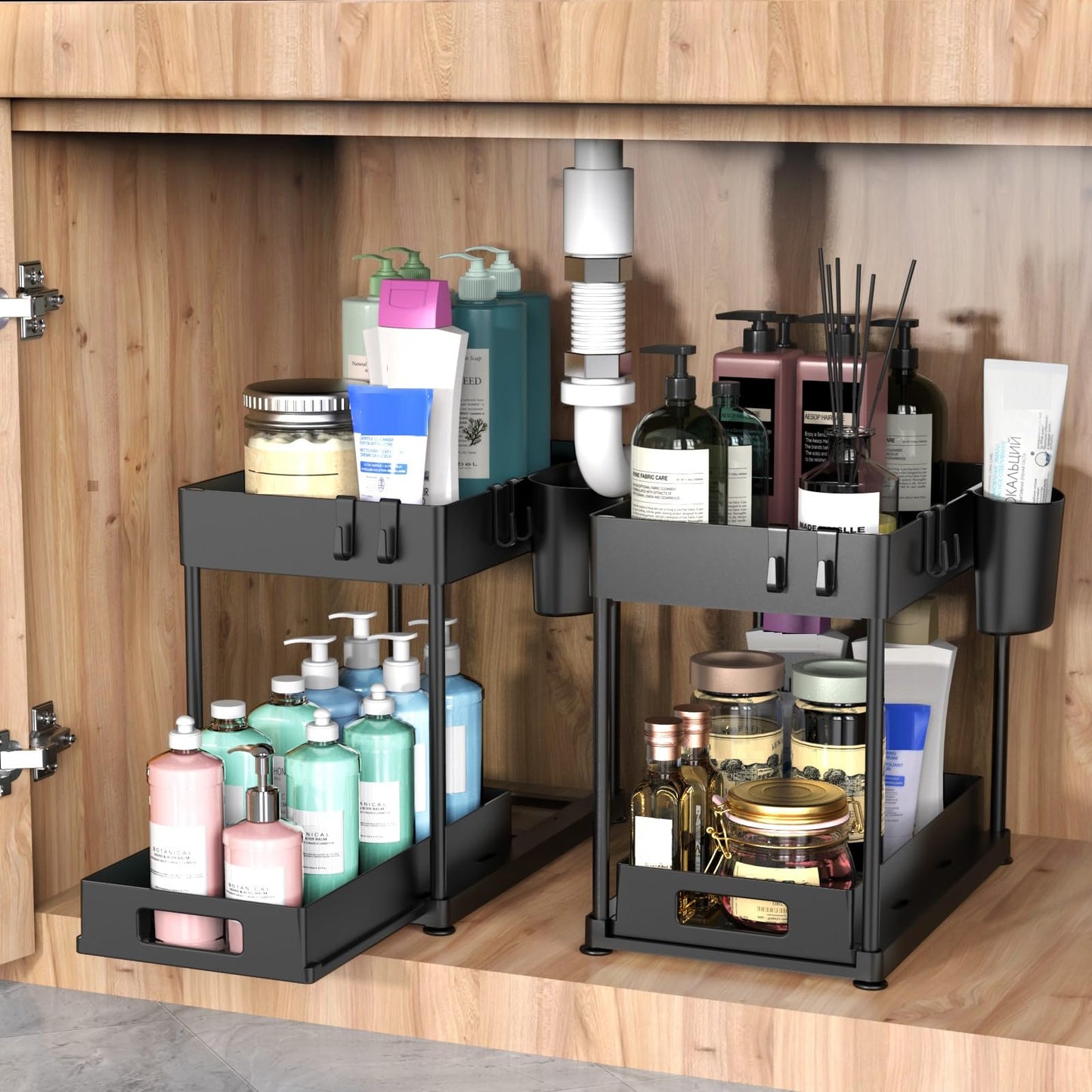 2 Pack Under Sink Organizer with Pull-Out Drawer, 2-Tier Cabinet Storage for Kitchen & Bathroom, Tool-Free Assembly, Fits Cleaning Supplies & Toiletries, Space Saving for Small Cabinets, Black